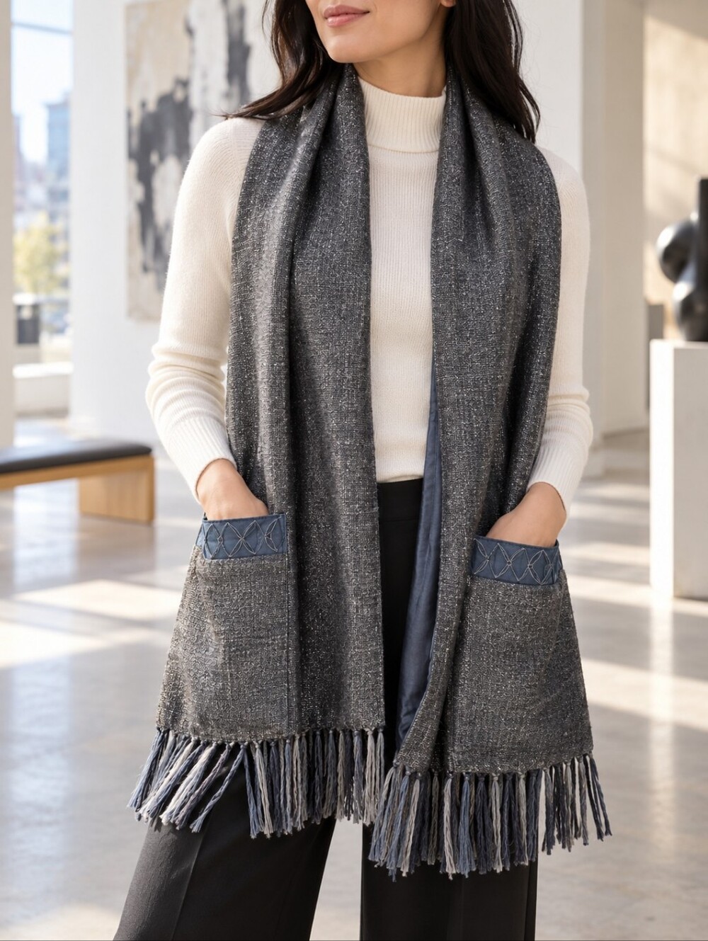 Amet & Ladoue Anthropologie Metallic Wool Silk Pocket Wrap Scarf NWT